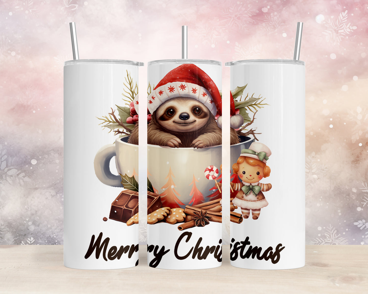 Skinny Tumbler with Straw, 20oz, Christmas, Sloth, awd-811