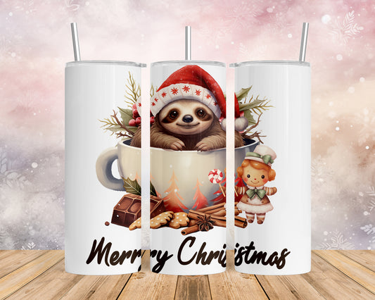 Skinny Tumbler with Straw, 20oz, Christmas, Sloth, awd-811