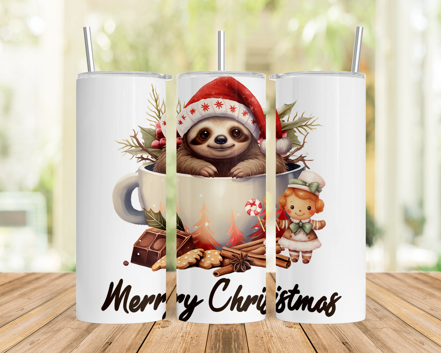 Skinny Tumbler with Straw, 20oz, Christmas, Sloth, awd-811