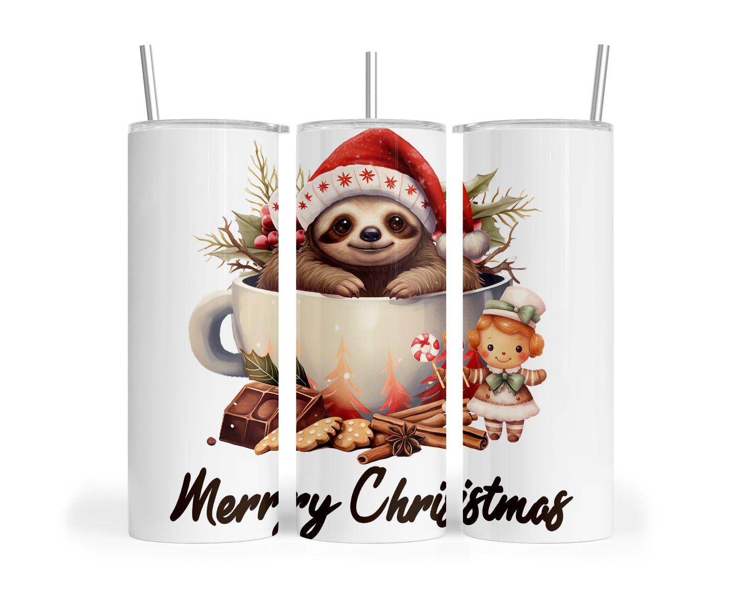 Skinny Tumbler with Straw, 20oz, Christmas, Sloth, awd-811