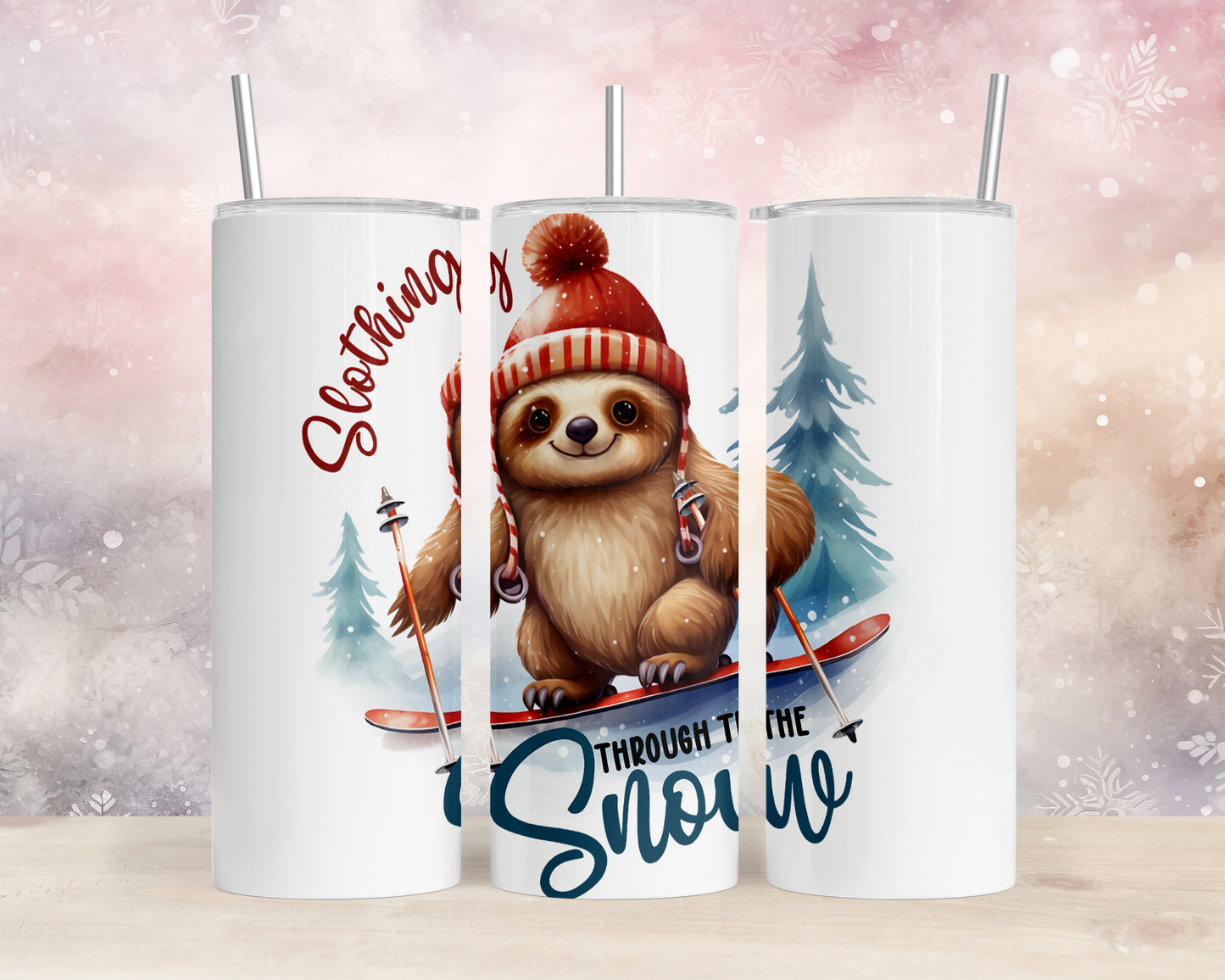 Skinny Tumbler with Straw, 20oz, Christmas, Sloth, awd-813