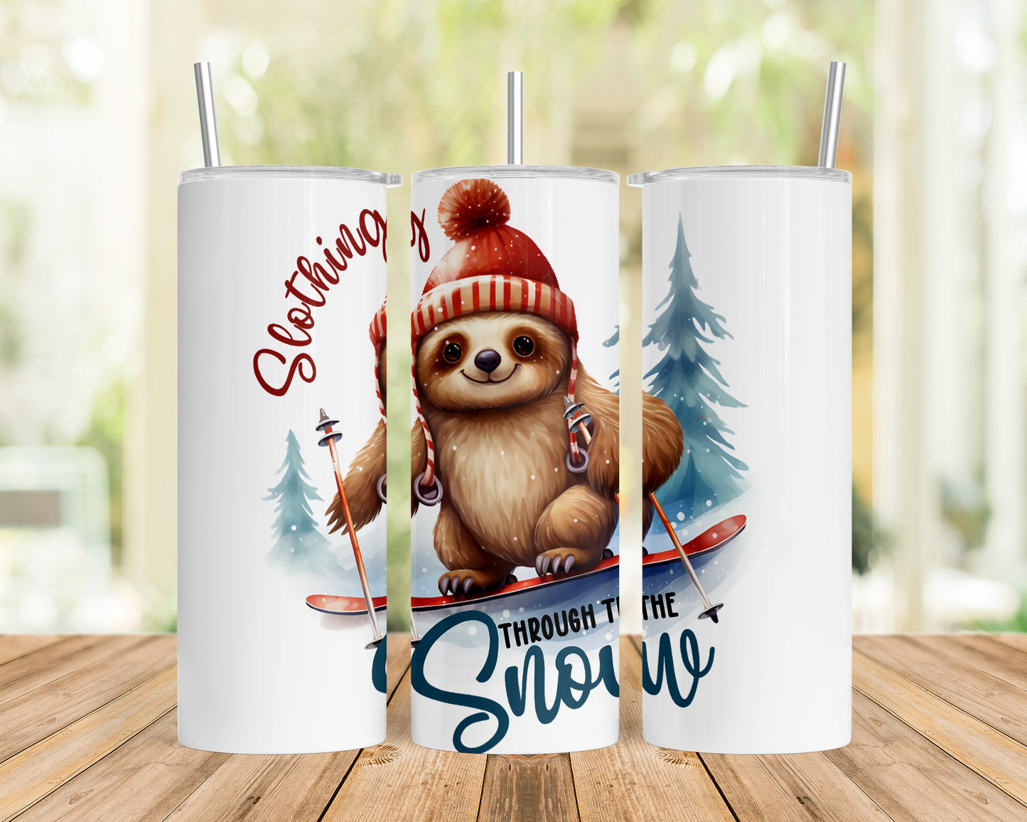 Skinny Tumbler with Straw, 20oz, Christmas, Sloth, awd-813