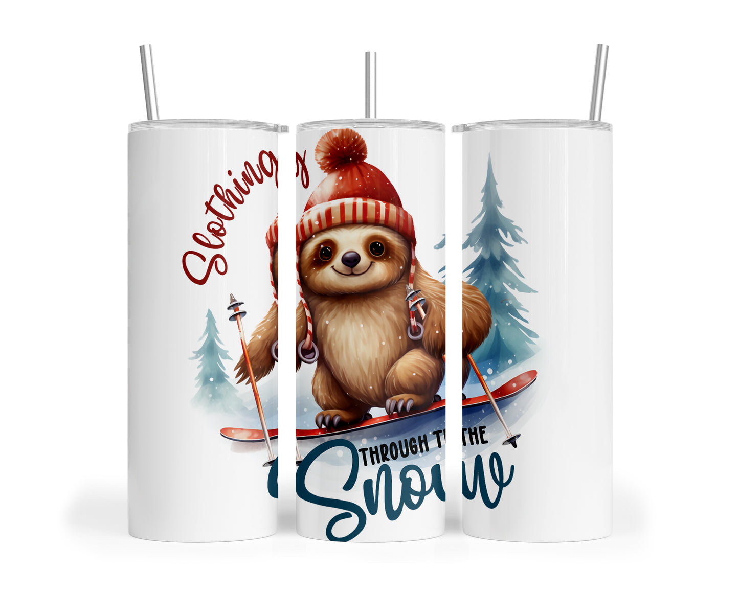 Skinny Tumbler with Straw, 20oz, Christmas, Sloth, awd-813