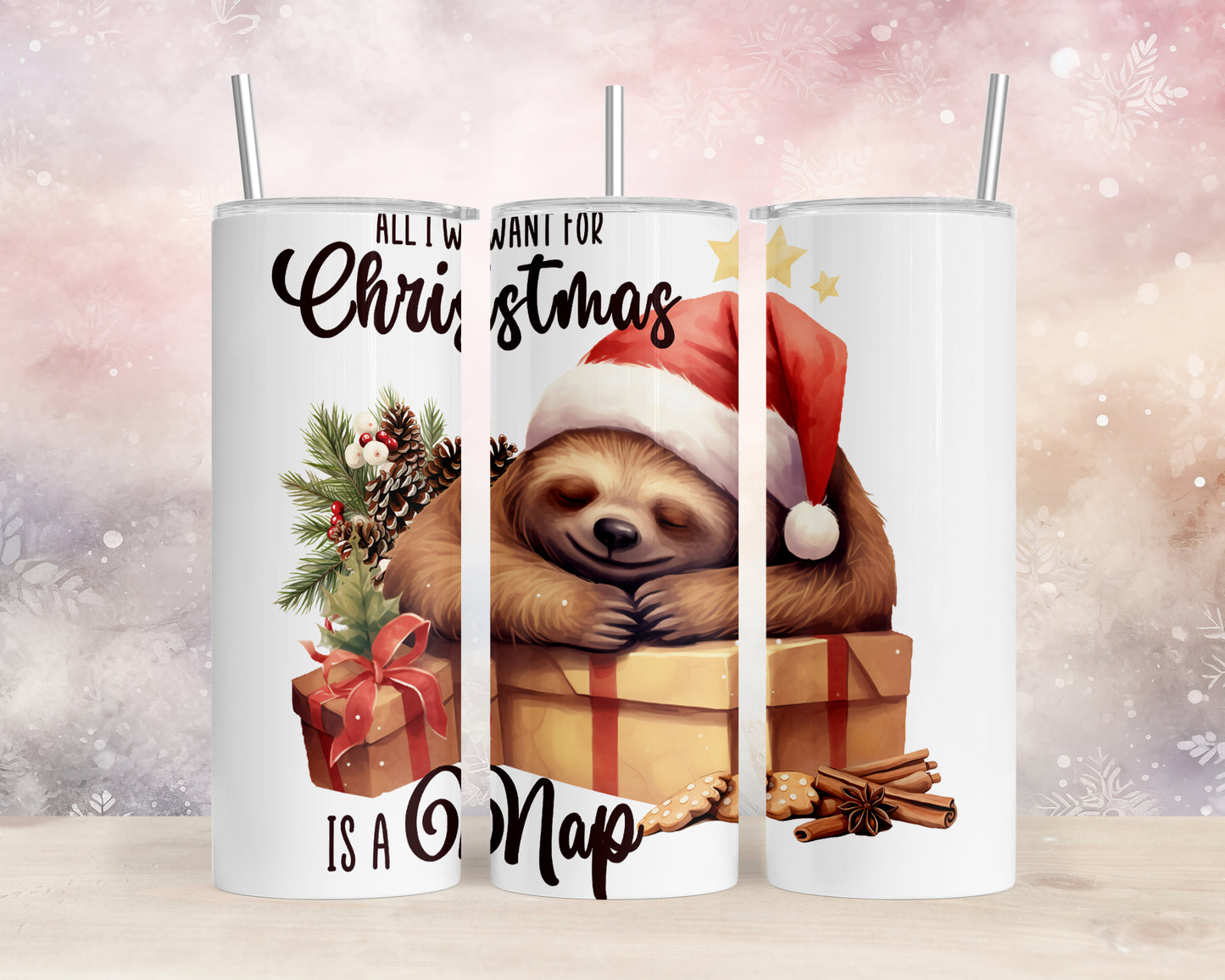 Skinny Tumbler with Straw, 20oz, Christmas, Sloth, awd-813