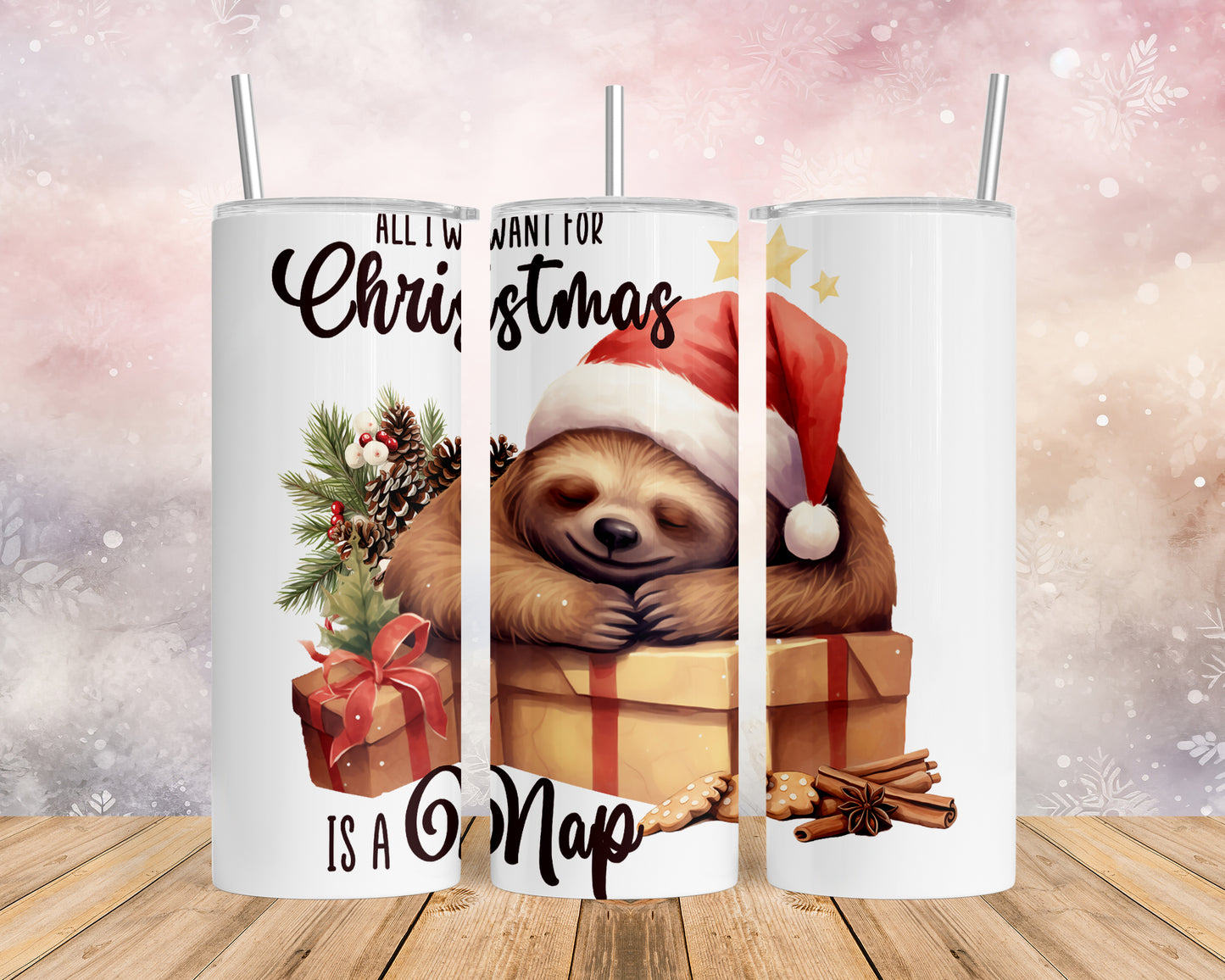 Skinny Tumbler with Straw, 20oz, Christmas, Sloth, awd-813