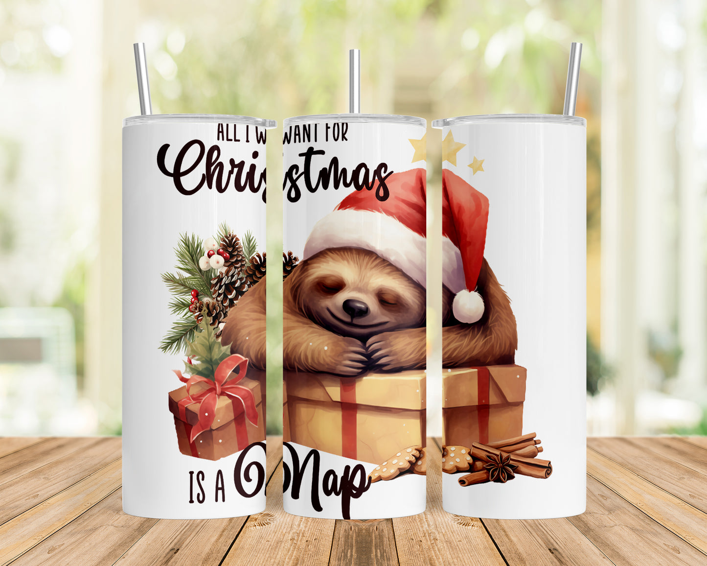 Skinny Tumbler with Straw, 20oz, Christmas, Sloth, awd-813