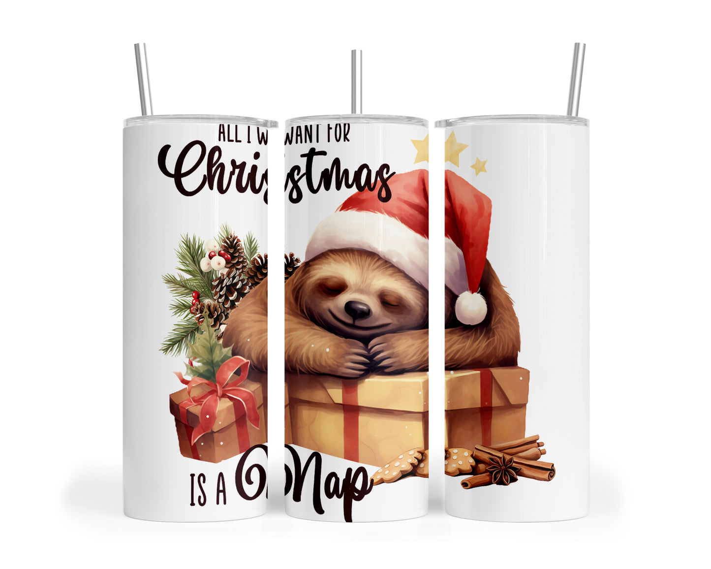 Skinny Tumbler with Straw, 20oz, Christmas, Sloth, awd-813