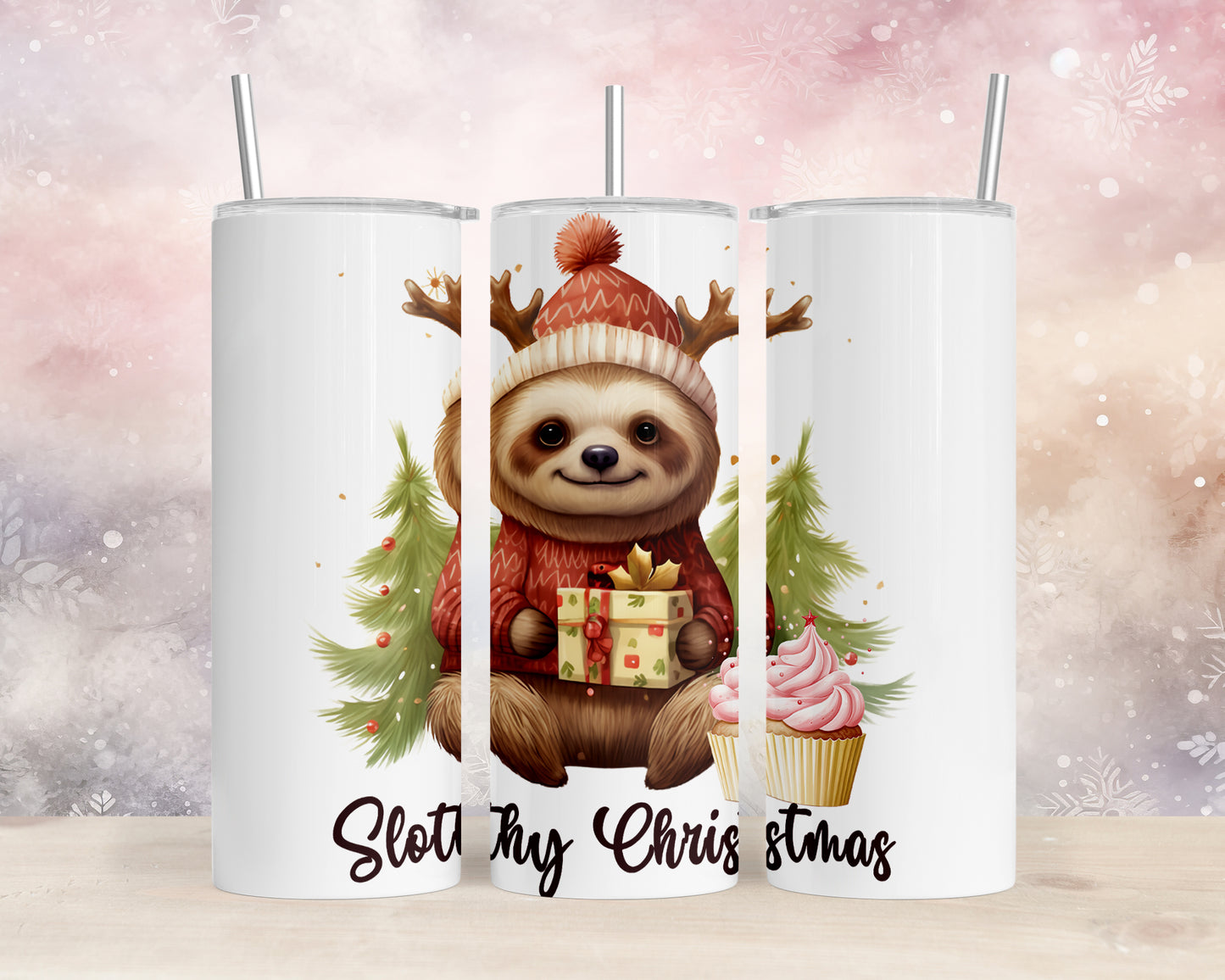 Skinny Tumbler with Straw, 20oz, Christmas, Sloth, awd-814