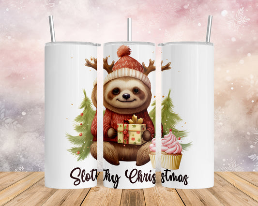 Skinny Tumbler with Straw, 20oz, Christmas, Sloth, awd-814