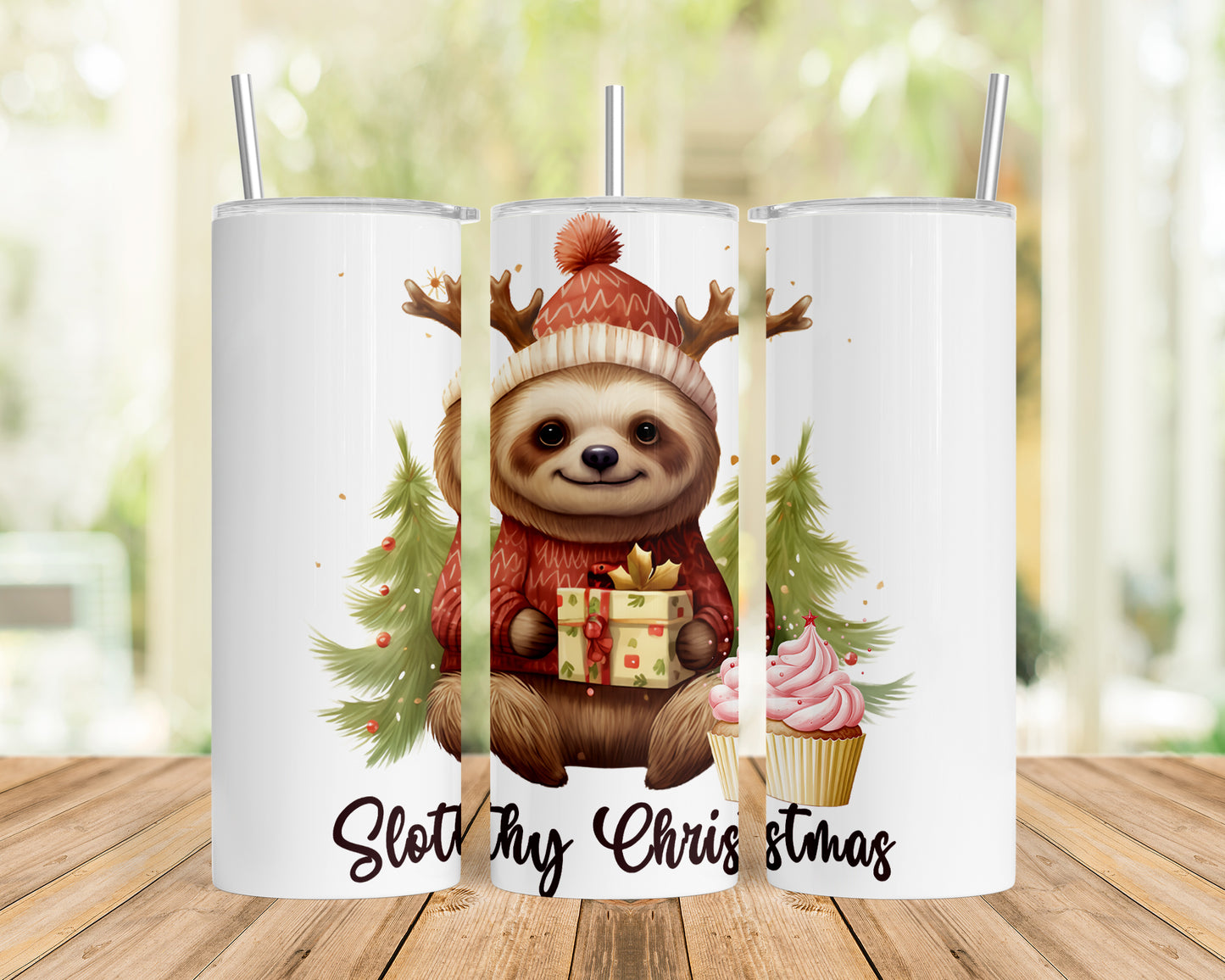 Skinny Tumbler with Straw, 20oz, Christmas, Sloth, awd-814