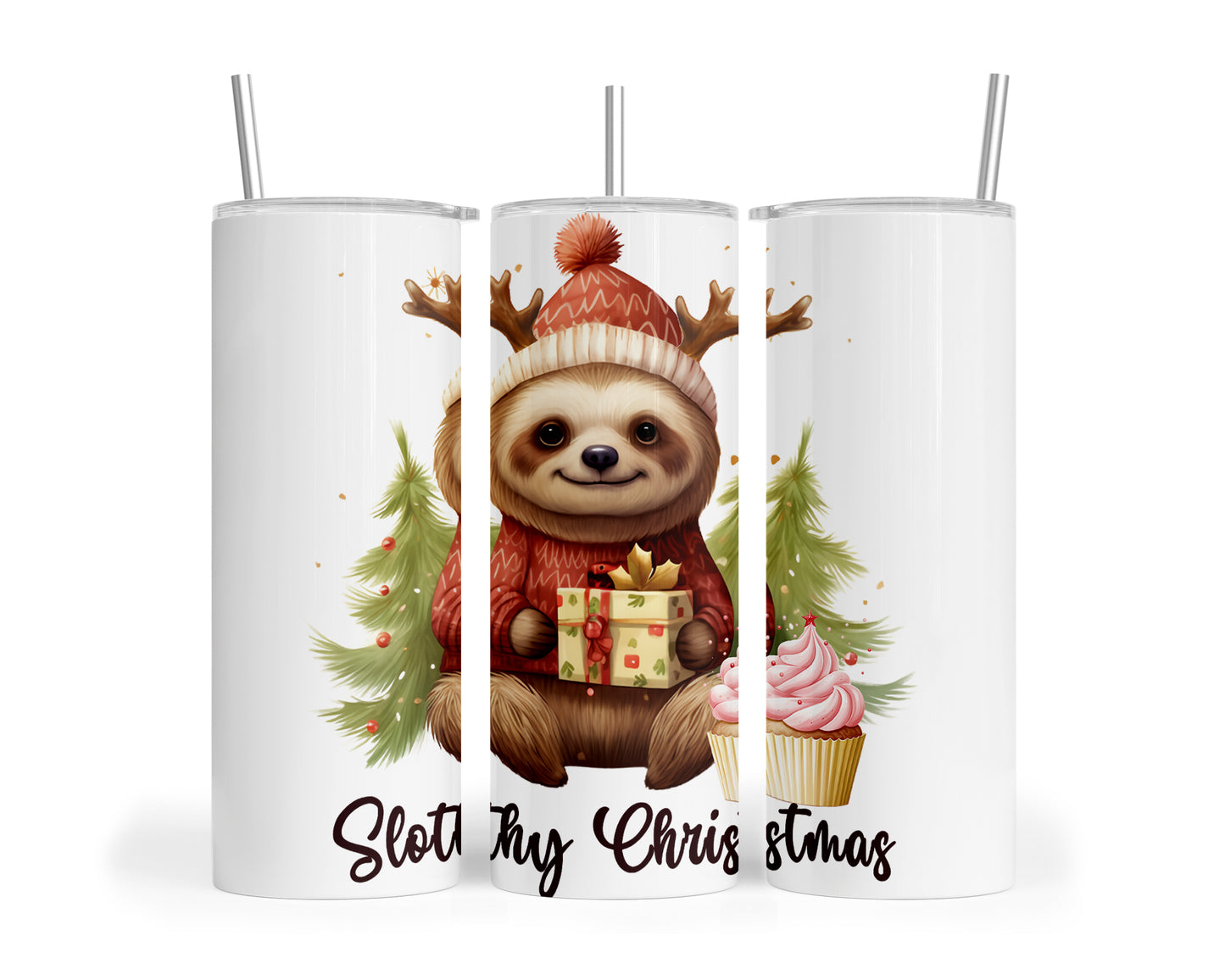 Skinny Tumbler with Straw, 20oz, Christmas, Sloth, awd-814