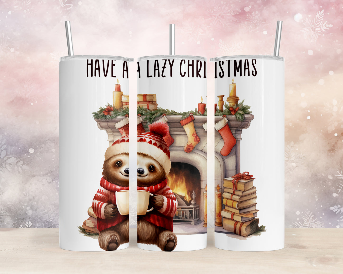 Skinny Tumbler with Straw, 20oz, Christmas, Sloth, awd-815