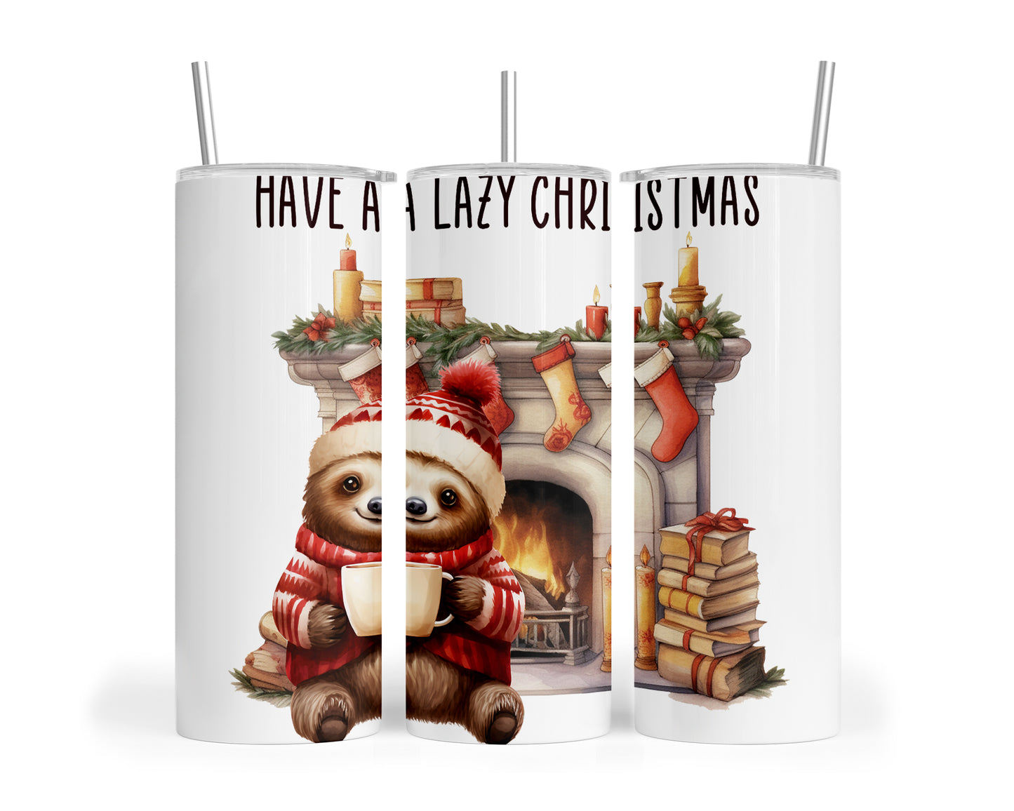 Skinny Tumbler with Straw, 20oz, Christmas, Sloth, awd-815