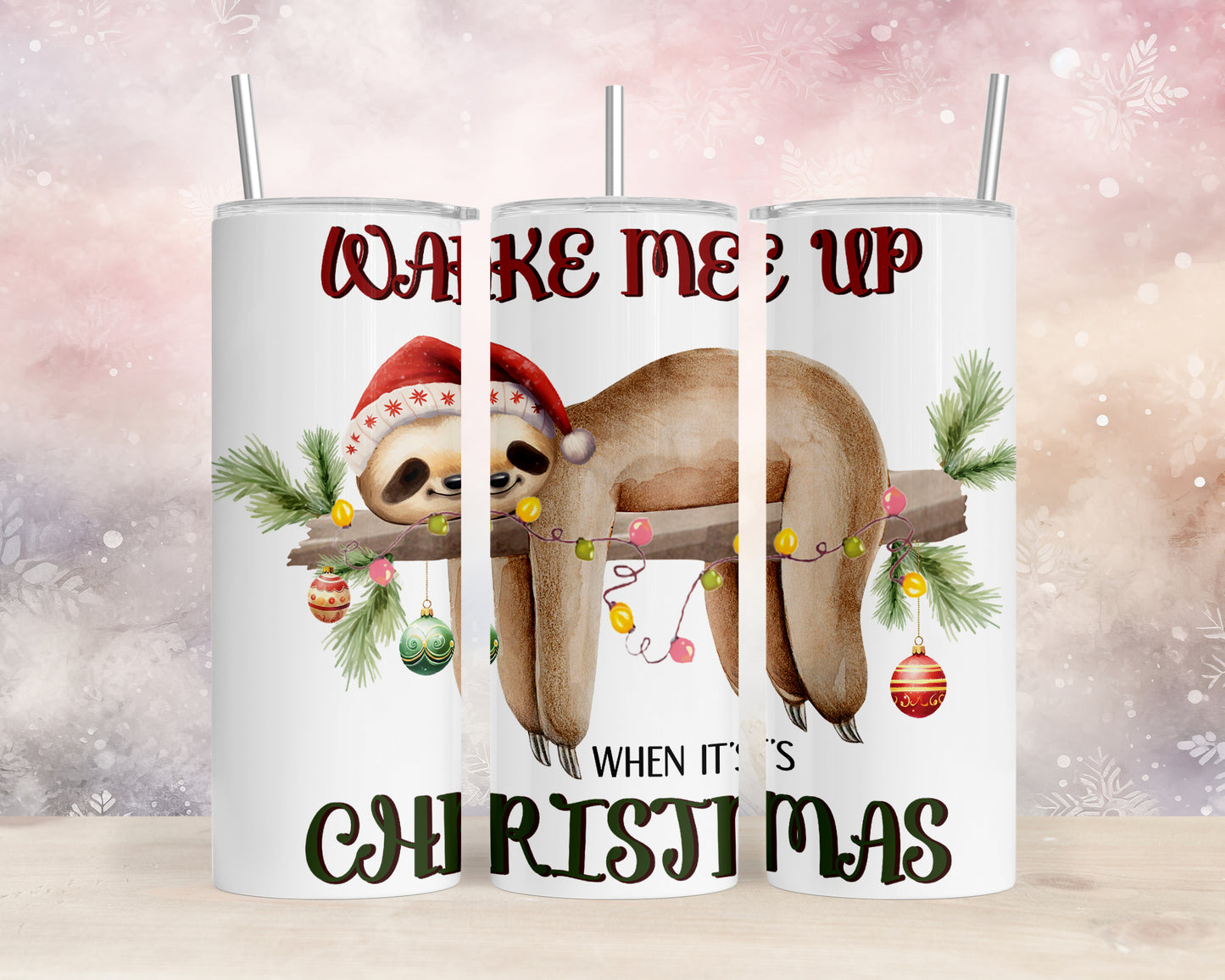 Skinny Tumbler with Straw, 20oz, Christmas, Sloth, awd-816