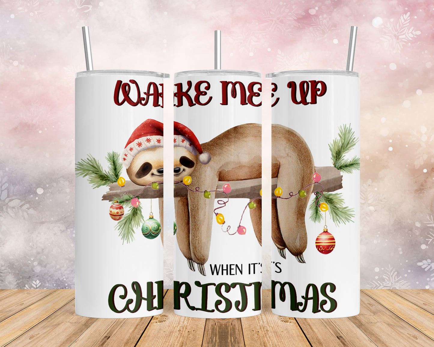 Skinny Tumbler with Straw, 20oz, Christmas, Sloth, awd-816