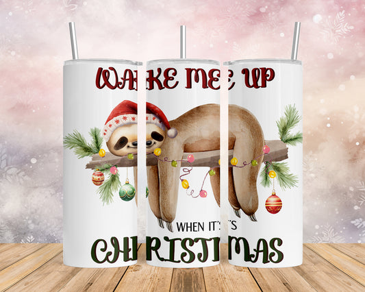 Skinny Tumbler with Straw, 20oz, Christmas, Sloth, awd-816