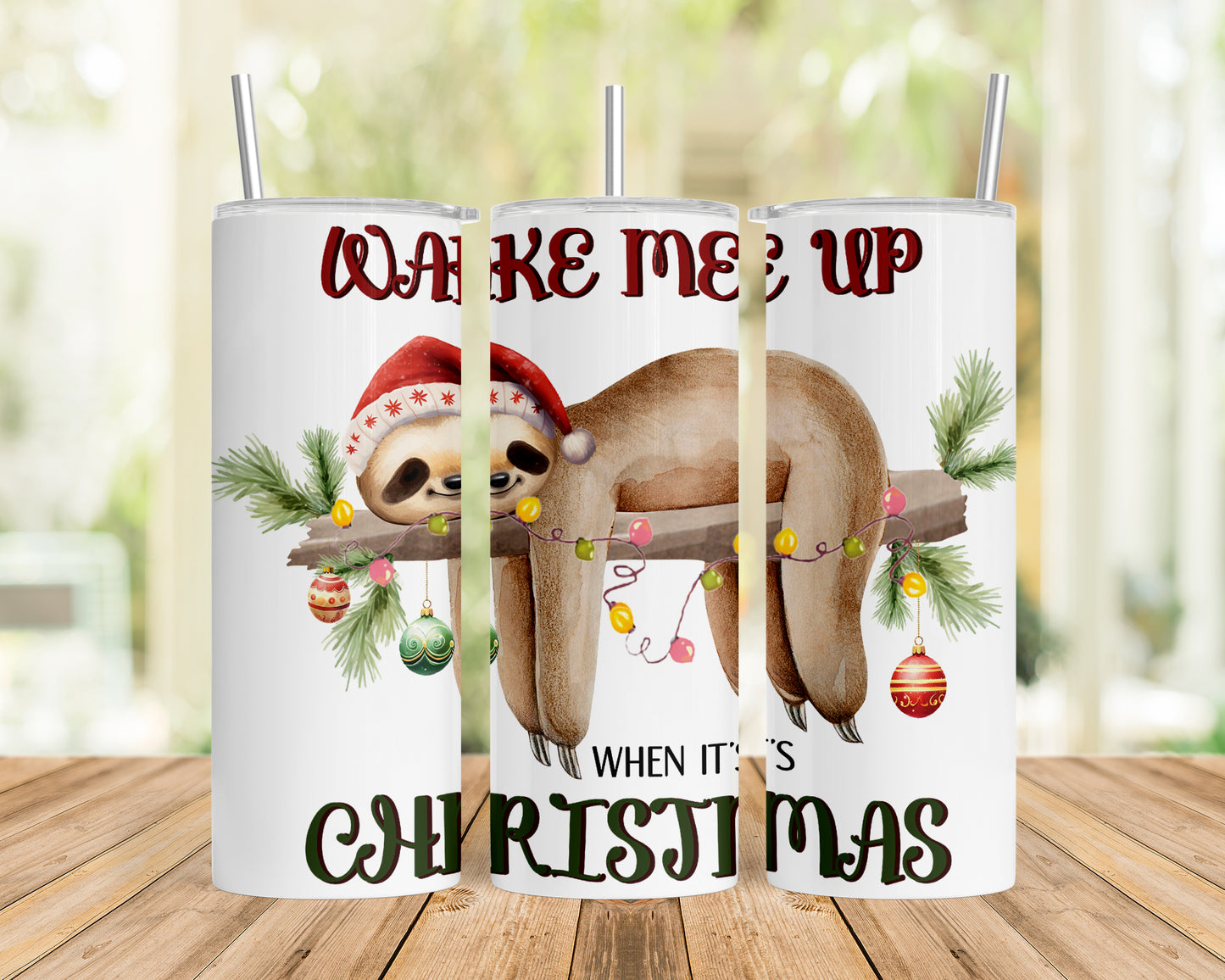 Skinny Tumbler with Straw, 20oz, Christmas, Sloth, awd-816