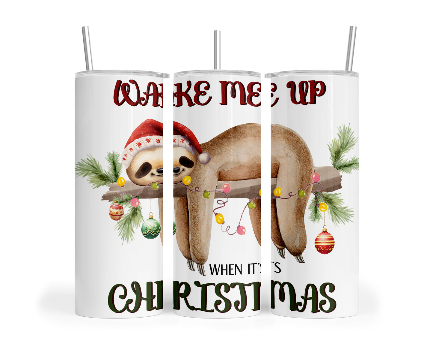 Skinny Tumbler with Straw, 20oz, Christmas, Sloth, awd-816