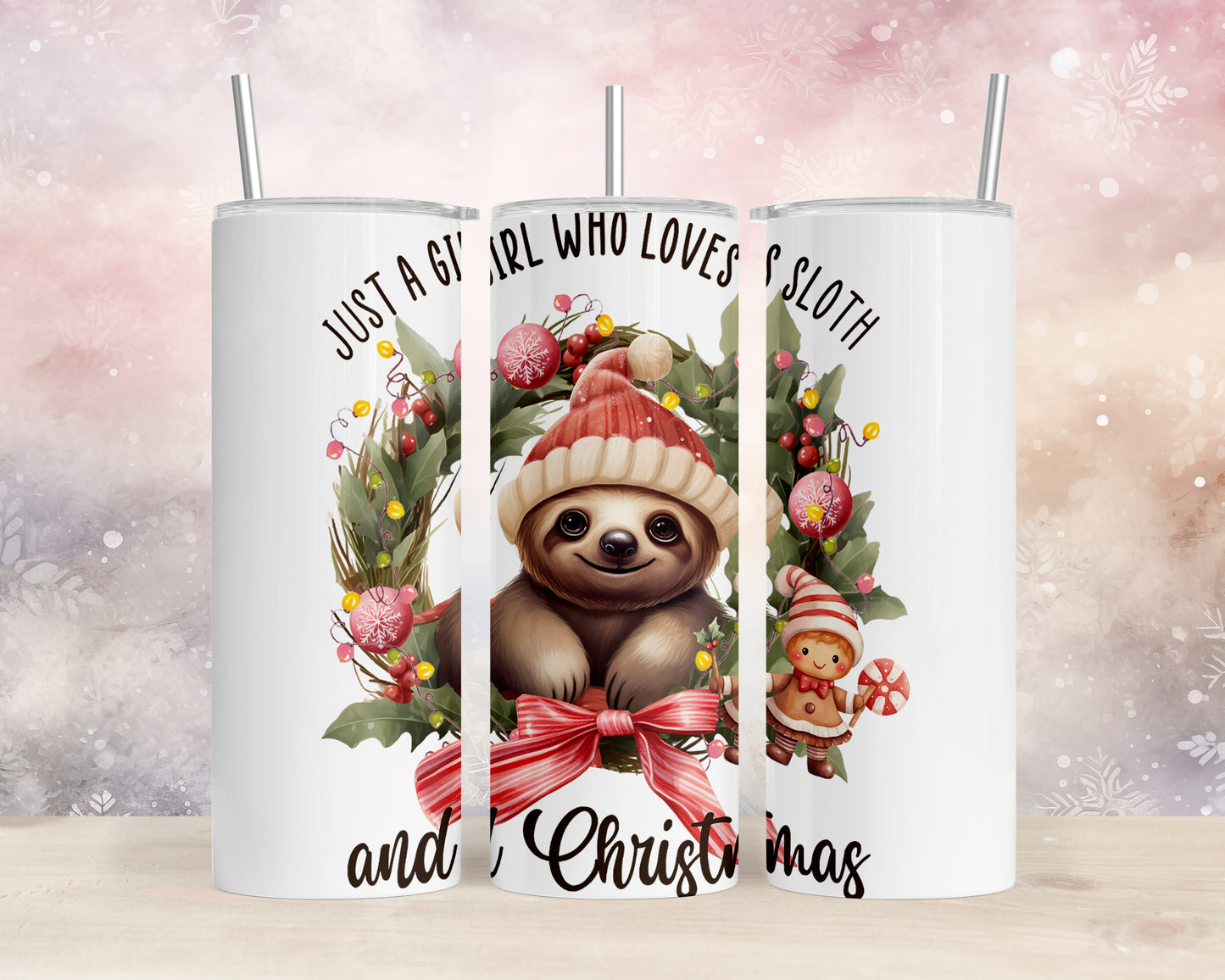 Skinny Tumbler with Straw, 20oz, Christmas, Sloth, Just a Girl Who Loves Sloths and Christmas, awd-817