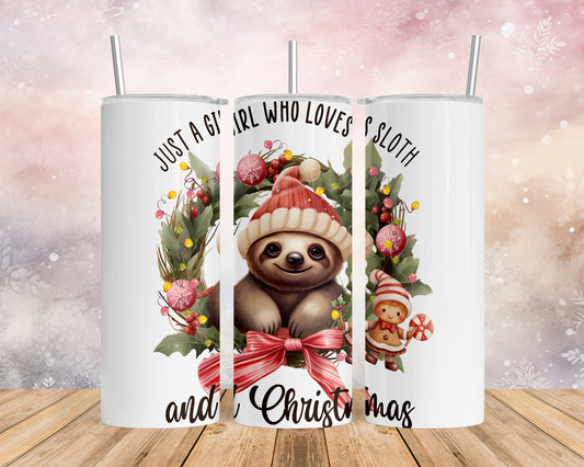 Skinny Tumbler with Straw, 20oz, Christmas, Sloth, Just a Girl Who Loves Sloths and Christmas, awd-817