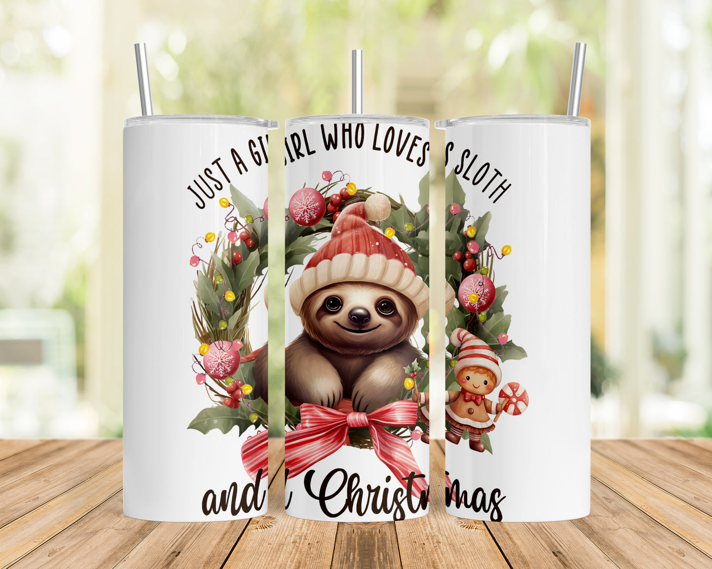 Skinny Tumbler with Straw, 20oz, Christmas, Sloth, Just a Girl Who Loves Sloths and Christmas, awd-817