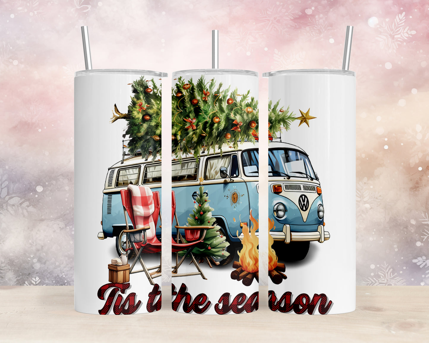 Skinny Tumbler with Straw, 20oz, Christmas Combi Van, Tis the Season, awd-821