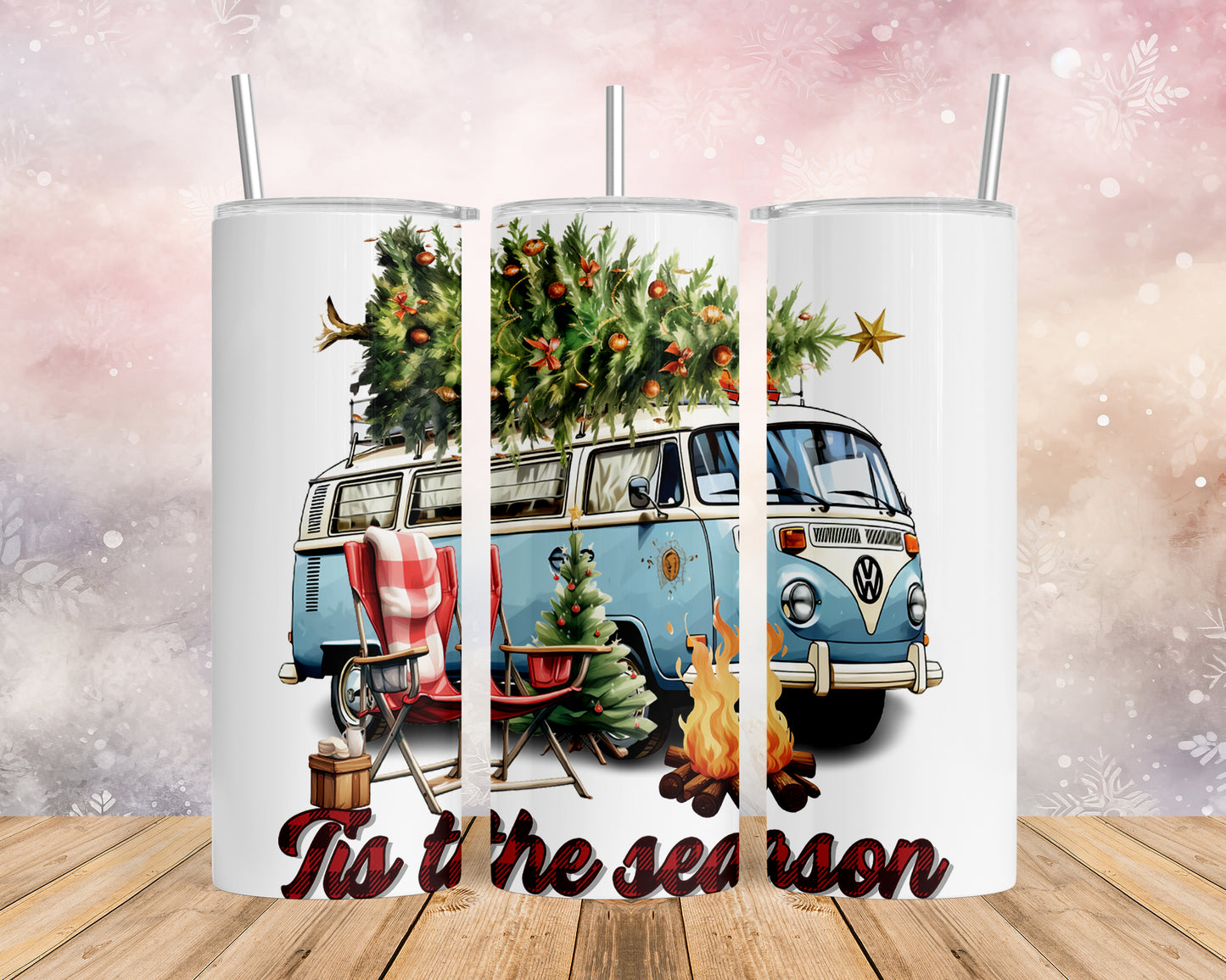 Skinny Tumbler with Straw, 20oz, Christmas Combi Van, Tis the Season, awd-821