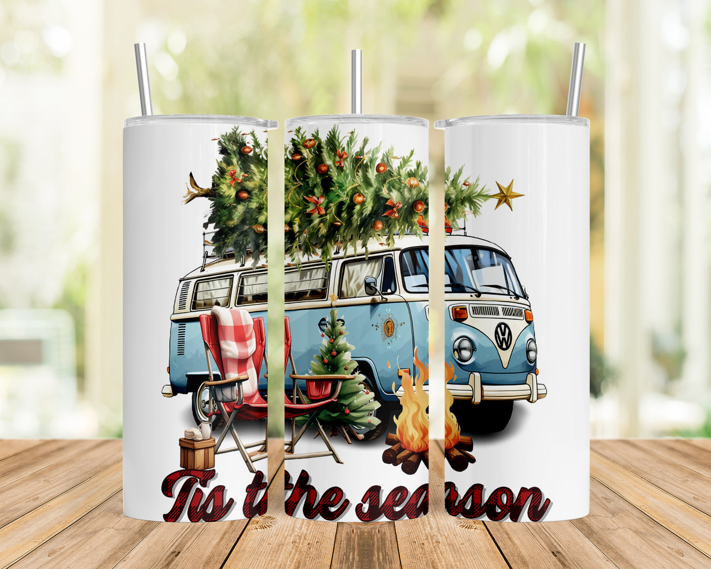 Skinny Tumbler with Straw, 20oz, Christmas Combi Van, Tis the Season, awd-821