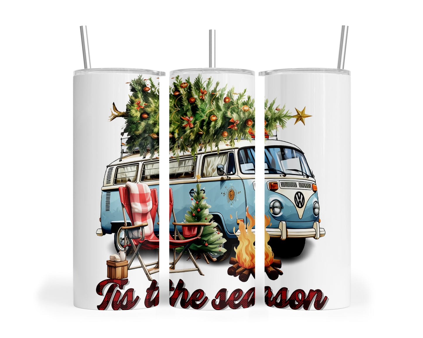 Skinny Tumbler with Straw, 20oz, Christmas Combi Van, Tis the Season, awd-821