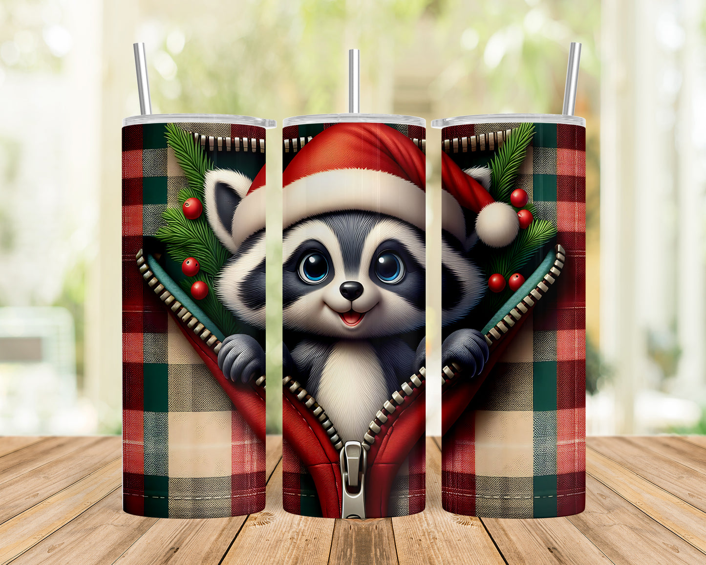 Skinny Tumbler with Straw, 20oz,  Racoon wearing Santa Hat, Zipper, awd-860