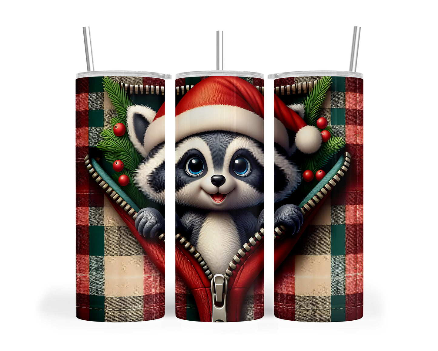 Skinny Tumbler with Straw, 20oz,  Racoon wearing Santa Hat, Zipper, awd-860