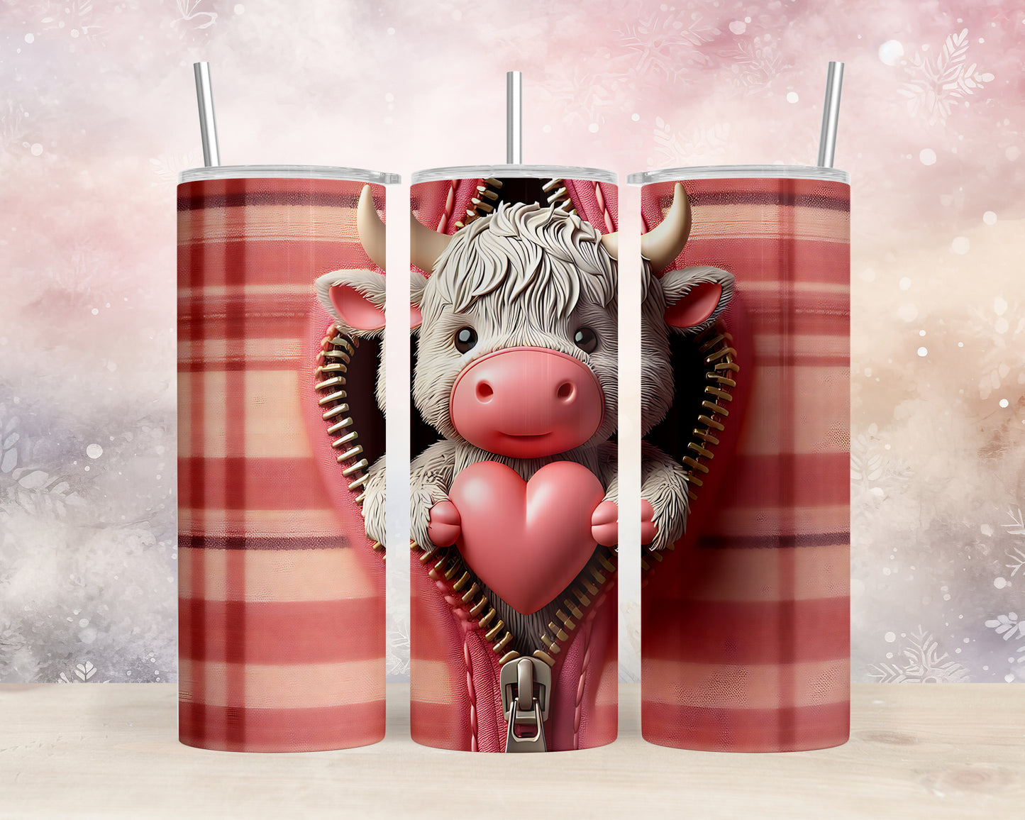 Skinny Tumbler with Straw, 20oz, Highland Cow, Valentines Day, awd-953