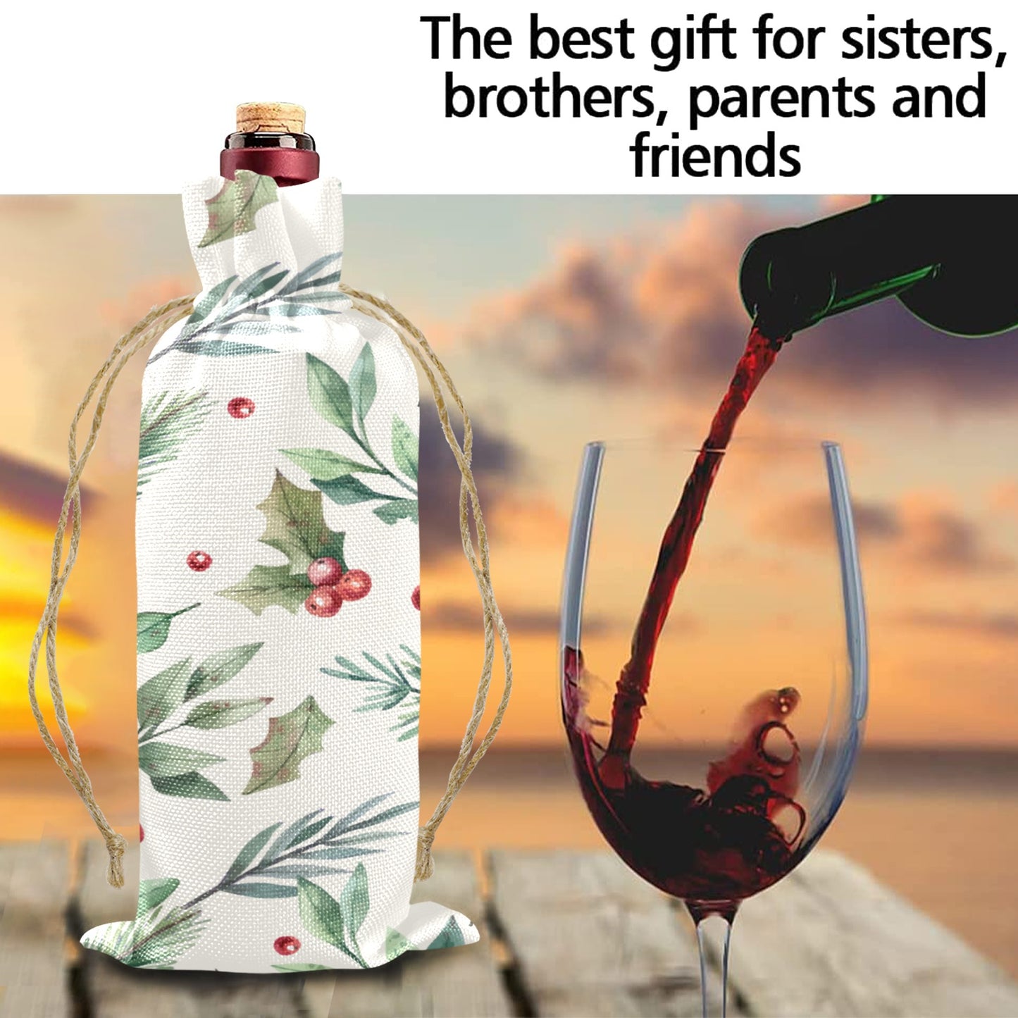 poinsettia leaves Linen Wine Bottle Bag