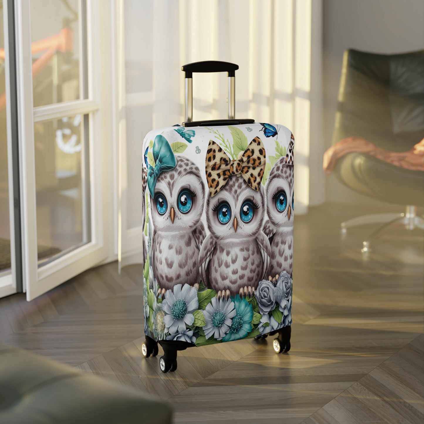 Luggage Cover, Blue Floral Owls, awd-1469