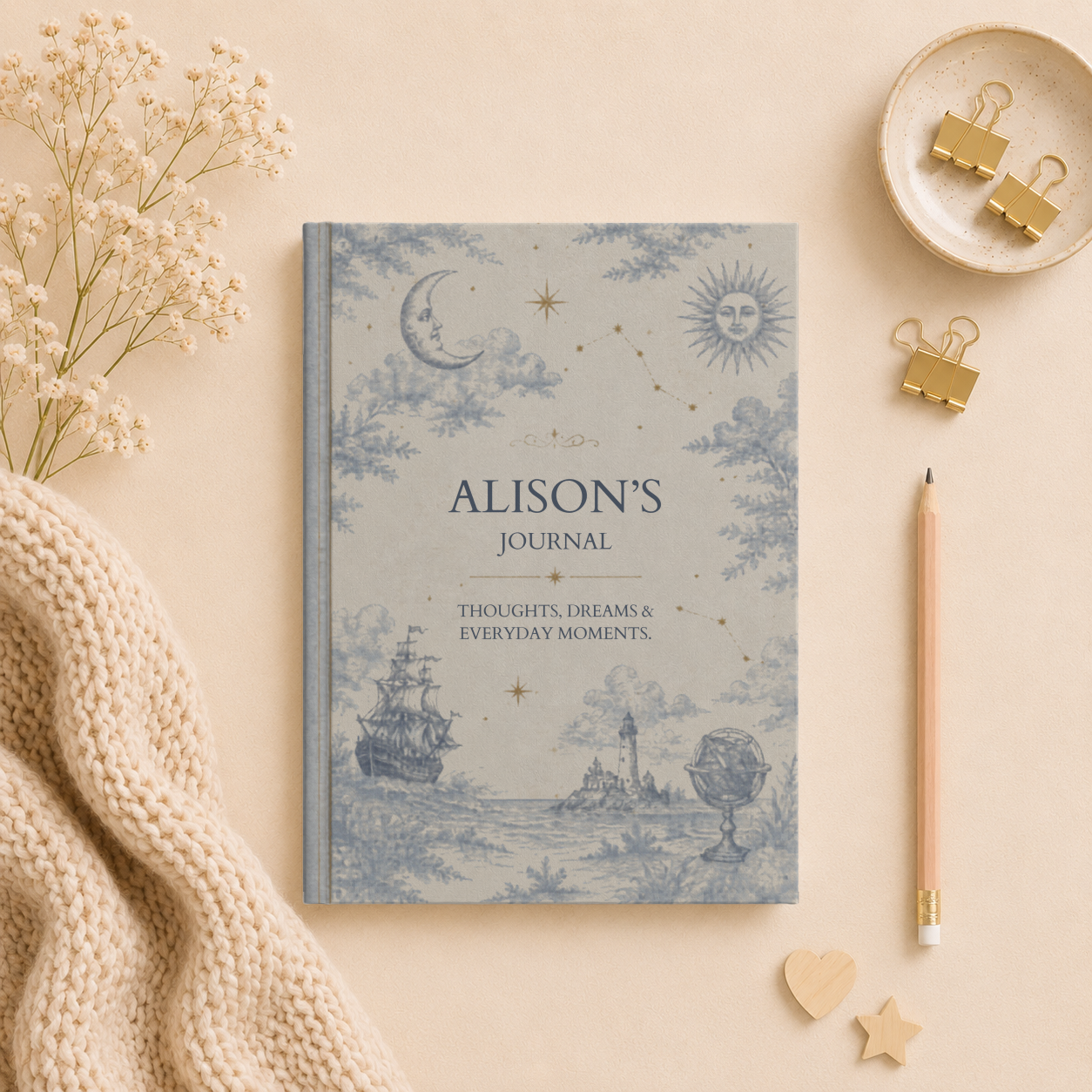 Personalized Hardcover Journal, Nautical Starry Design, Custom Journal Gift, Elegant Journal for Writers, Thoughtful Journal Present
