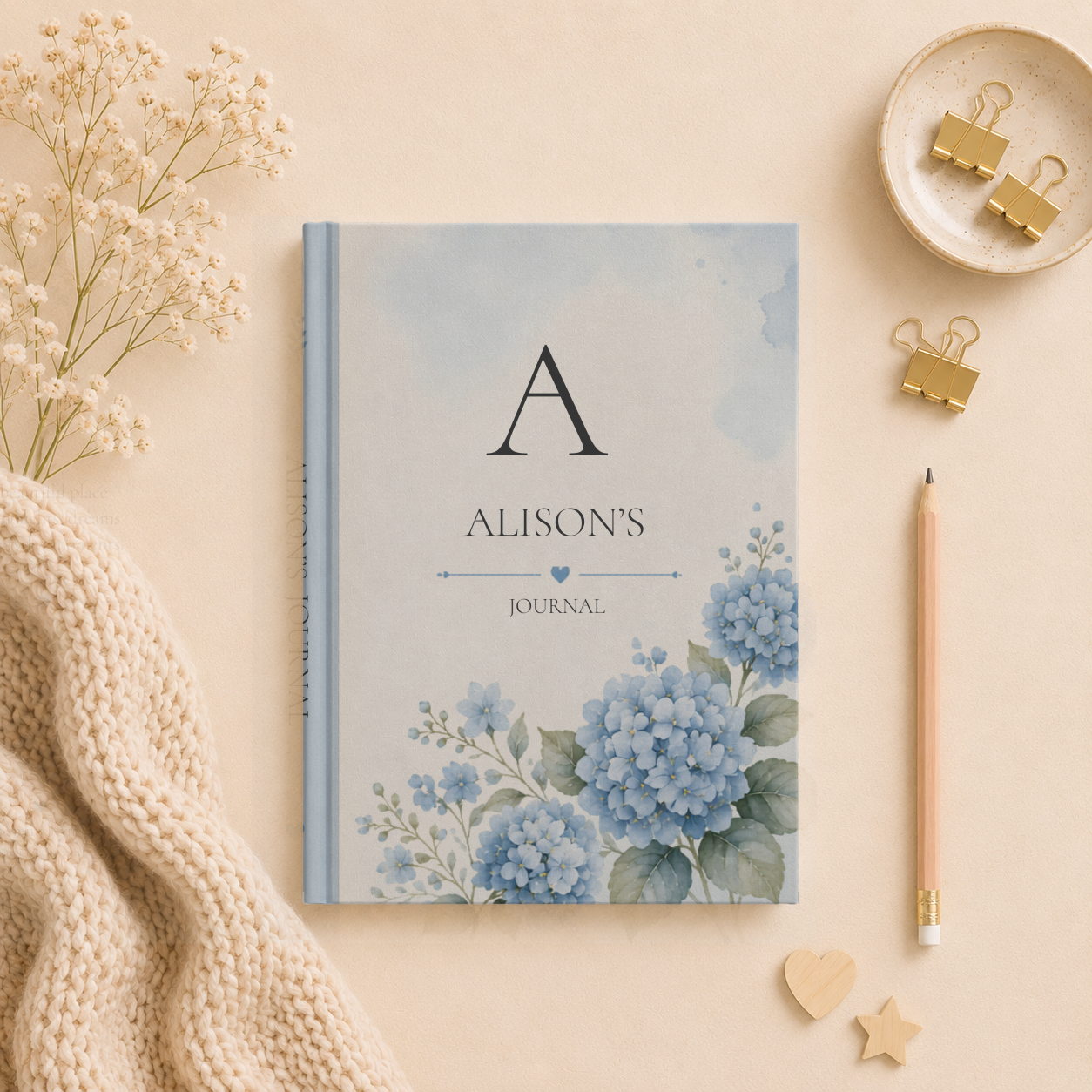 Personalized Hardcover Journal, Custom Floral Notebook, Elegant Gift for Her, Personalized Diary, Blue Hydrangea Design, Women's Stationery