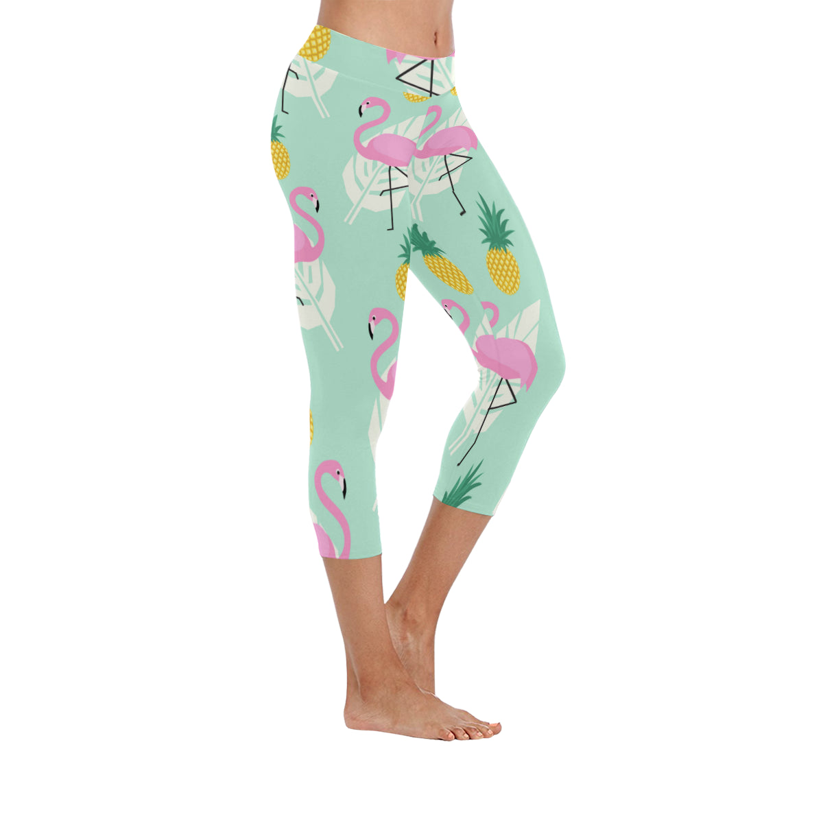 Tropical Pink Flamingos Pineapples and Palm Leaf Women's Low Rise Capri Leggings (Invisible Stitch)