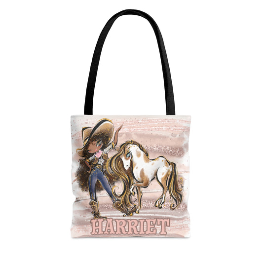 Personalised Tote Bag, Cowgirl & Horse, Brown Curly Hair, Olive Skin, Brown Eyes, Tote bag