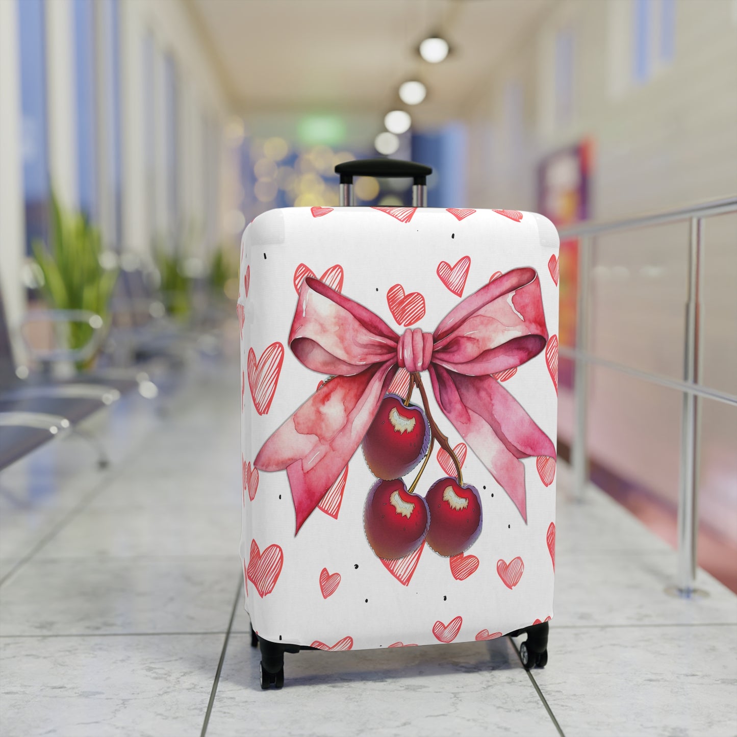 Luggage Cover, Rockabilly, Coquette, Pink Hearts Cherries and Ribbon, awd-2501