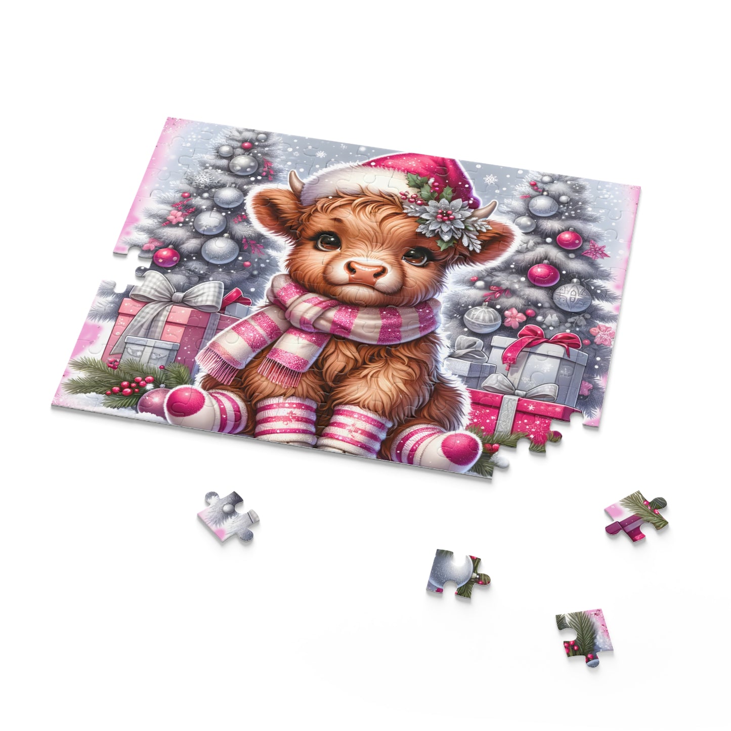 Personalised/Non-Personalised Puzzle, Christmas, Highland Cow (120, 252, 500-Piece)