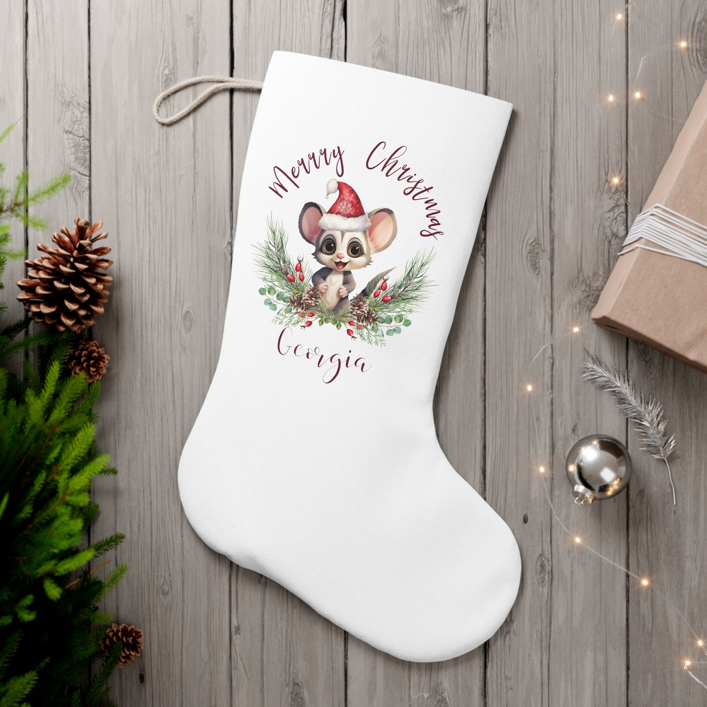 Personalised Santa Stocking, Australian Animals Poinsettia, Sugar Glider