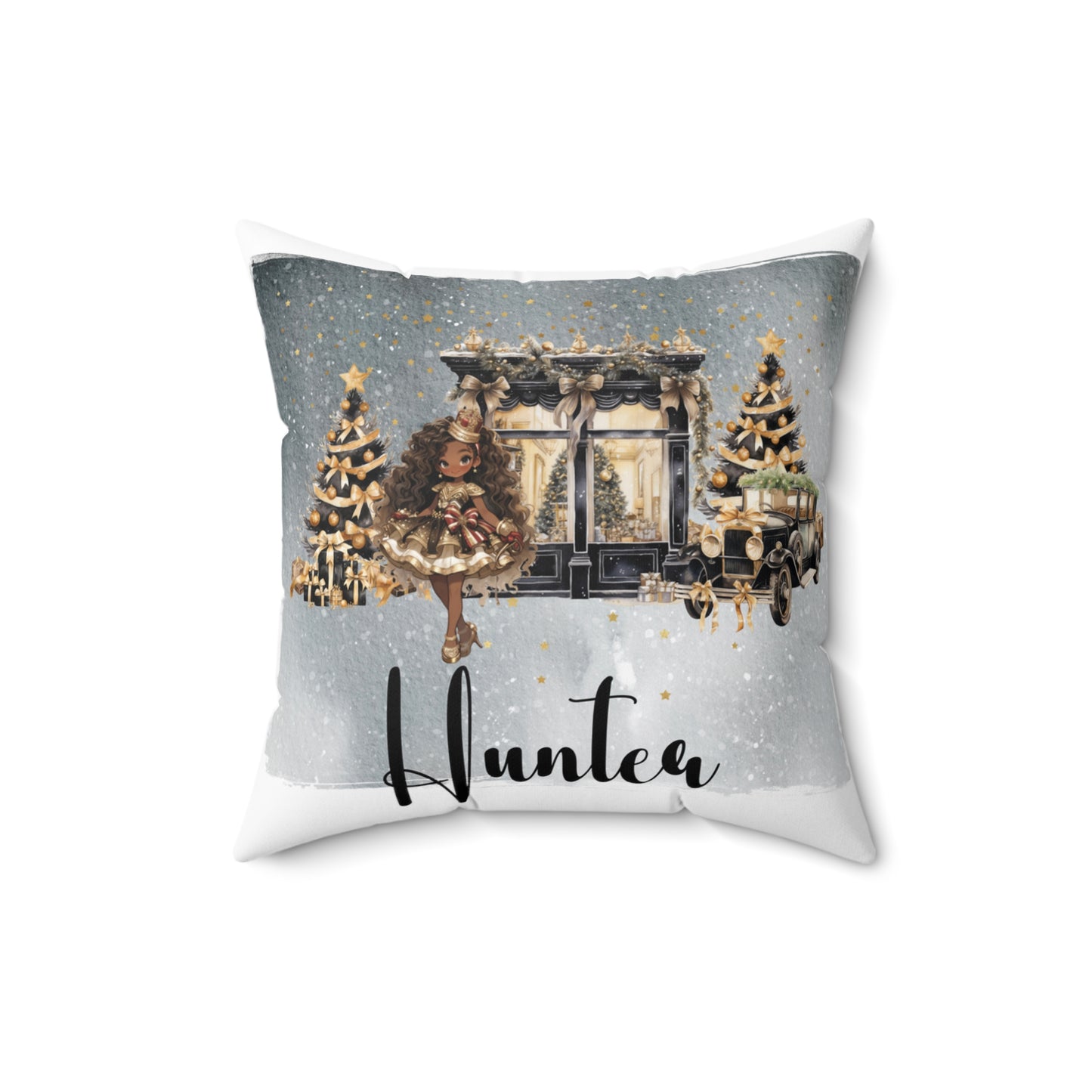 Personalised Christmas Cushion, Polyester Square Cushion, Black and Gold Christmas cushion