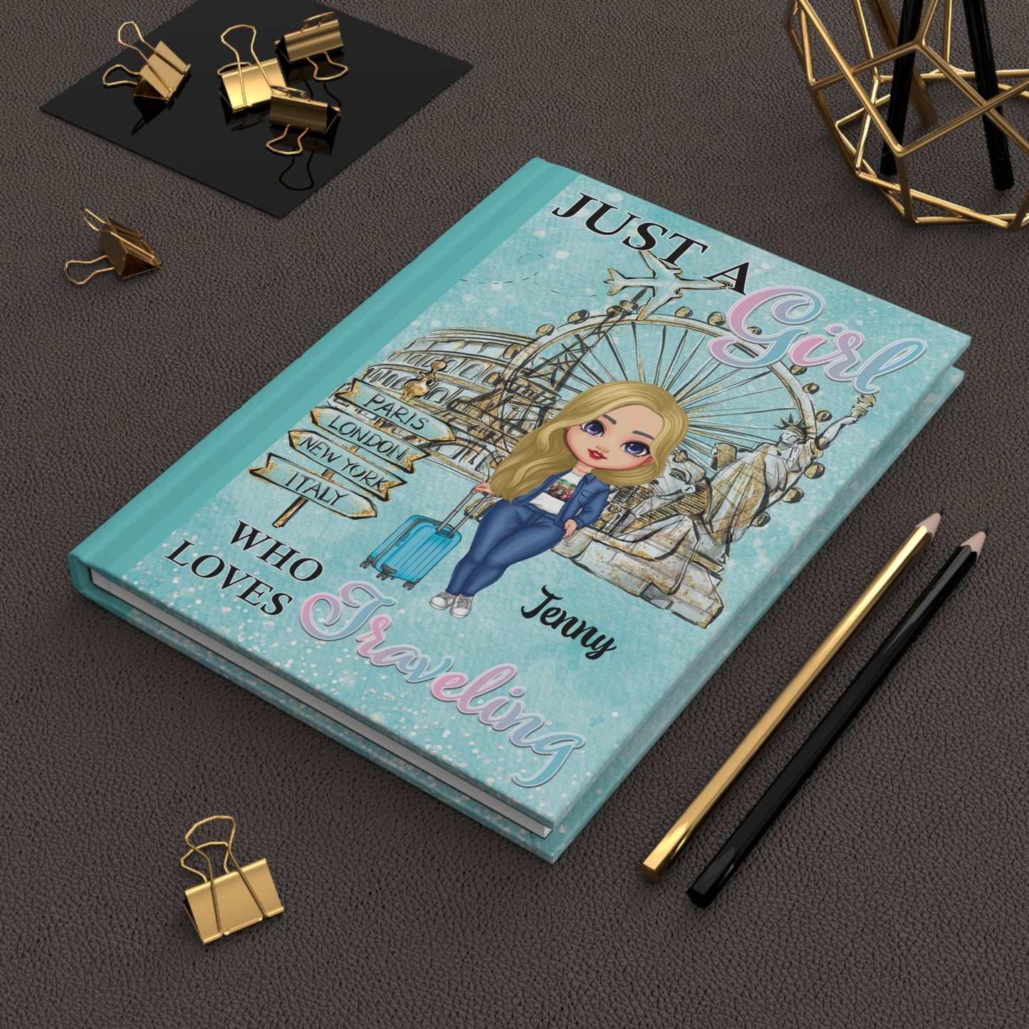 Personalised Hardcover Journal Matte, Just a Girl who loves travelling, Blonde Hair