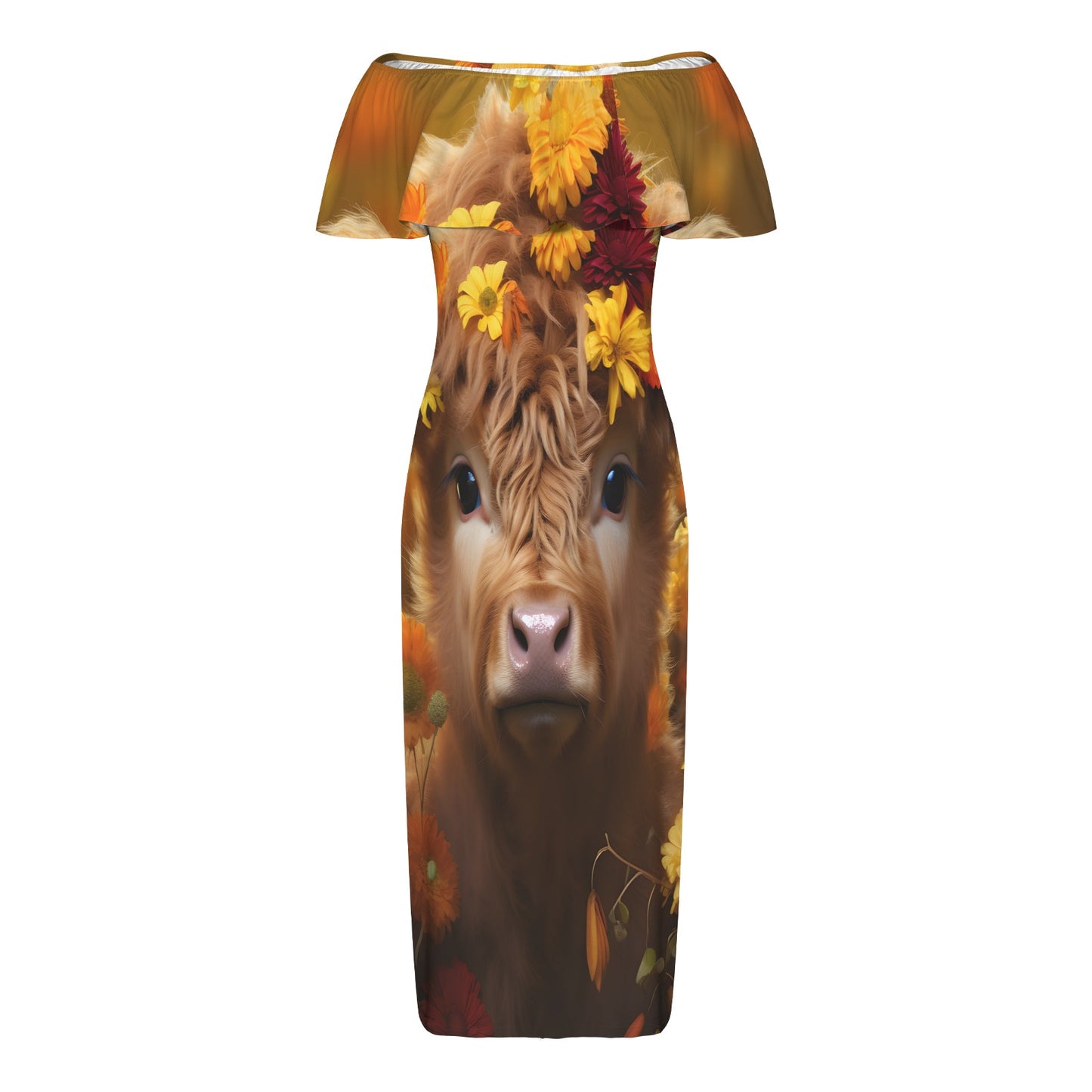 Highland Cow awd48 Women's Off Shoulder Ruffle Boat Neck Dress (Model D71)
