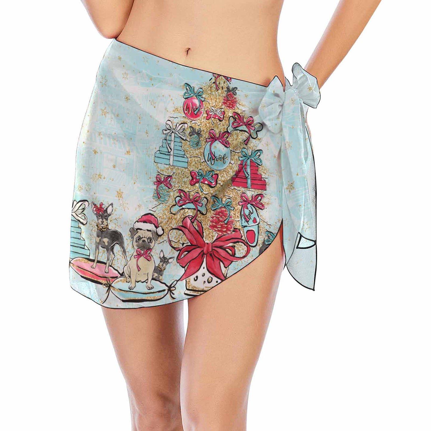 Doggie Christmas Tree2  Women's Beach Sarong Wrap