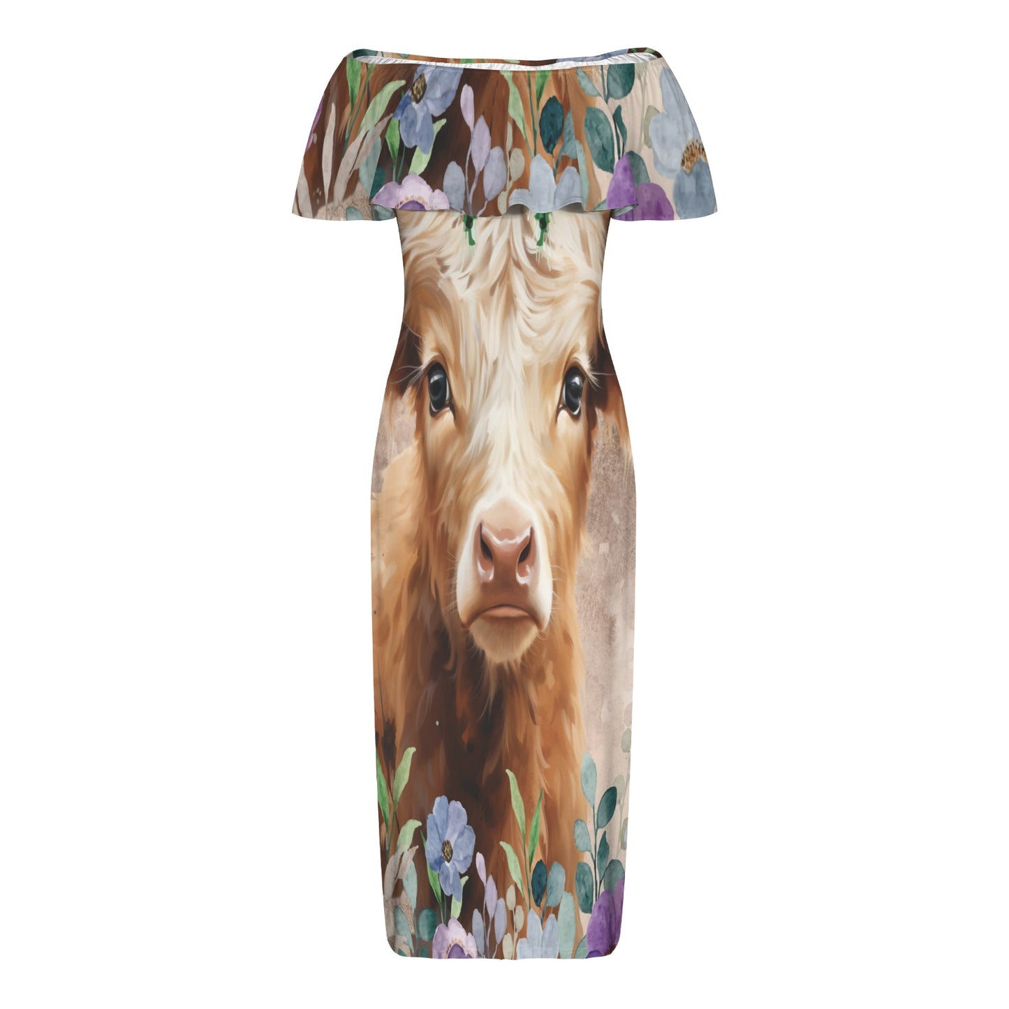 Highland Cow awd424 Women's Off Shoulder Ruffle Boat Neck Dress (Model D71)
