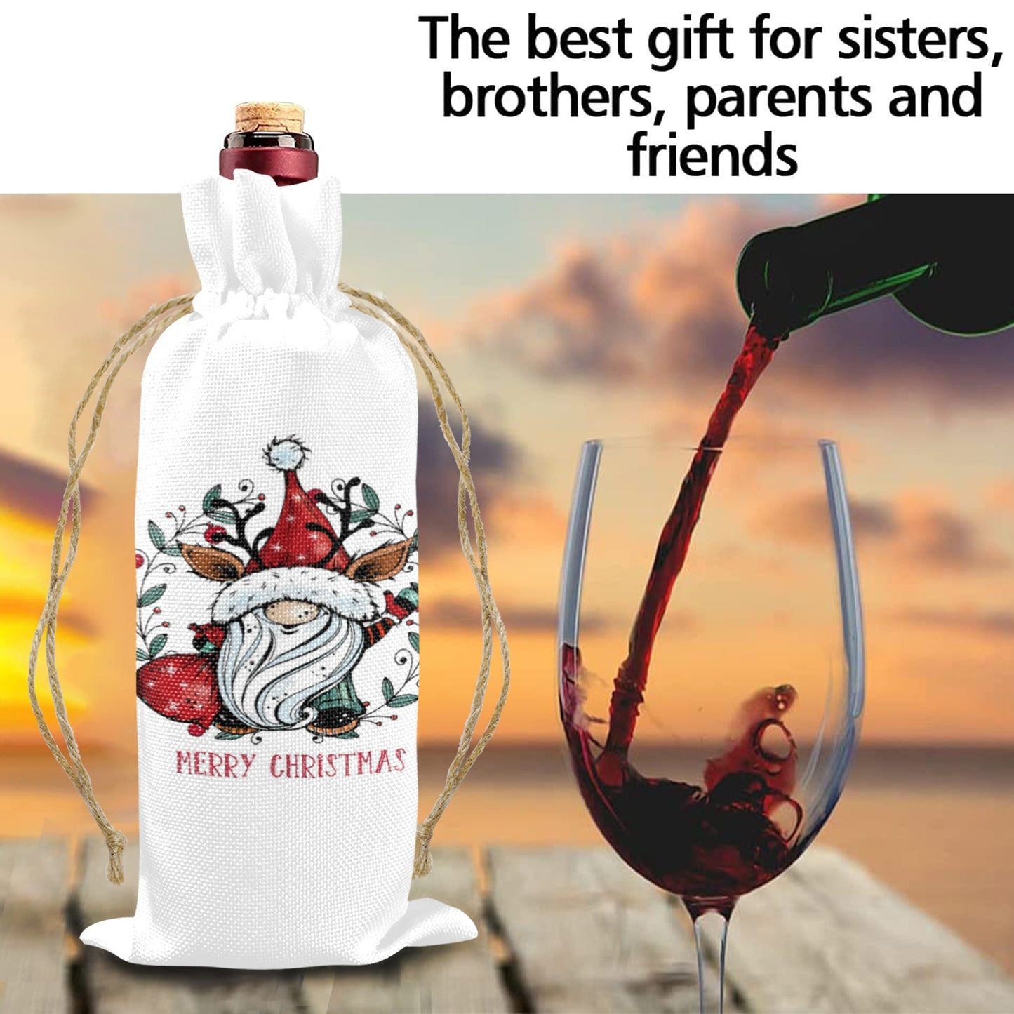 Merry Christmas Whimsical Santa Linen Wine Bottle Bag