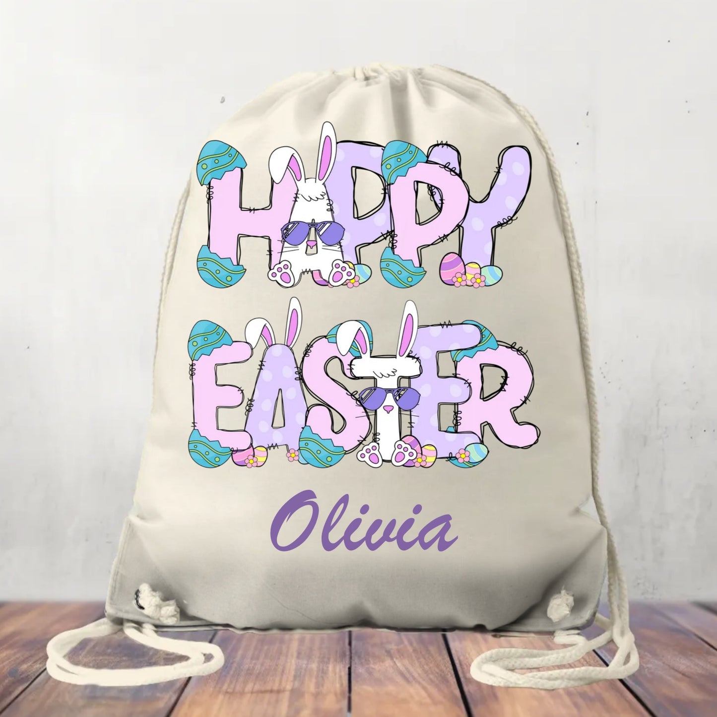 Canvas Drawstring Bag Personalised Happy Easter