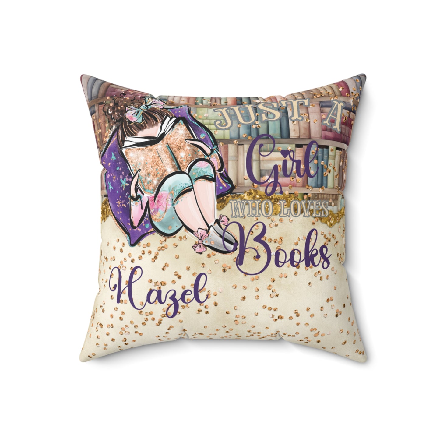 Polyester Square Pillow, Just a Girl who Loves Books, Brunette Hair