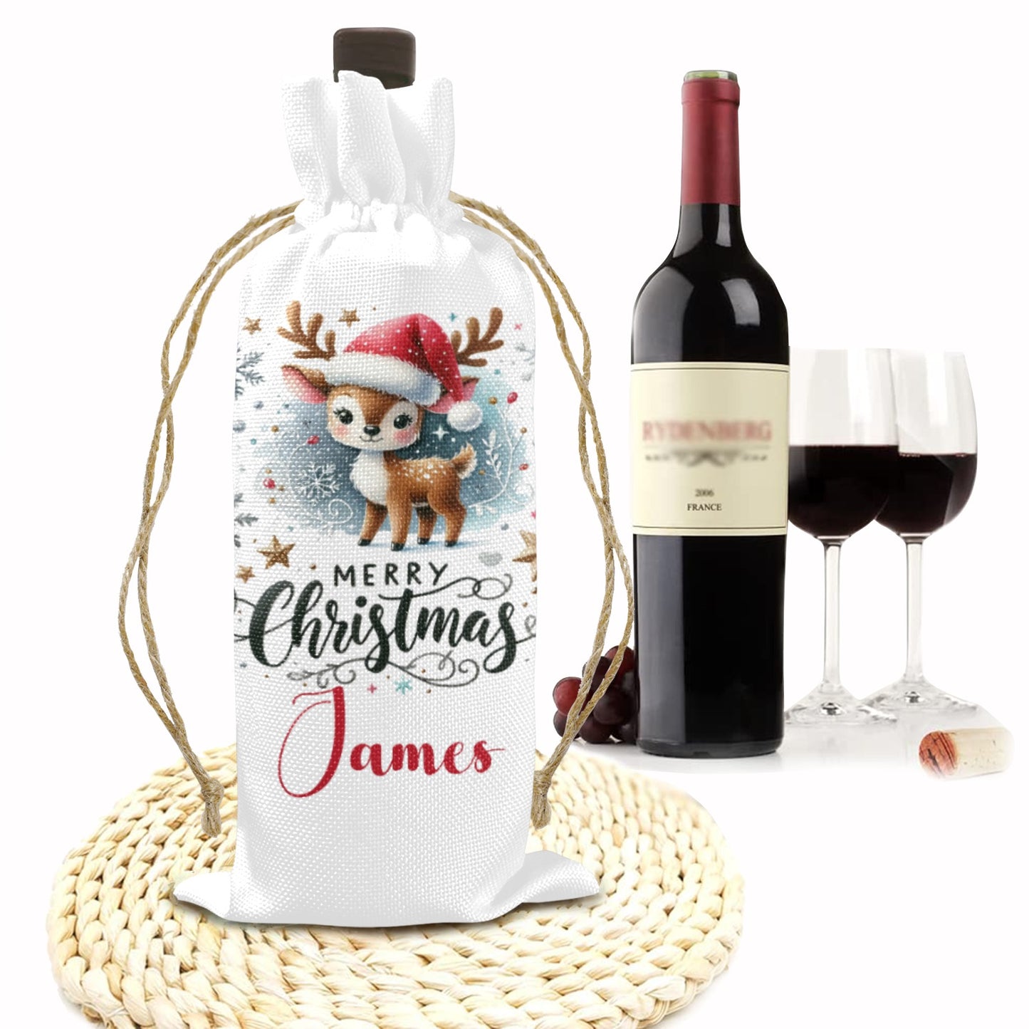 Merry Christmas Reindeer Personalised Linen Wine Bottle Bag